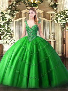 Green Ball Gowns Tulle V-neck Sleeveless Beading and Appliques Floor Length Lace Up Quinceanera Dresses