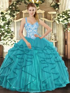 Super Teal Ball Gowns Beading and Ruffles Sweet 16 Dress Lace Up Tulle Sleeveless Floor Length
