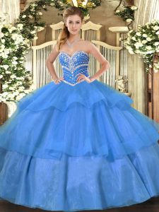 Blue Ball Gowns Beading and Ruffled Layers 15 Quinceanera Dress Lace Up Tulle Sleeveless Floor Length