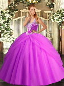 Vintage Lilac Straps Neckline Beading and Pick Ups Quince Ball Gowns Sleeveless Lace Up