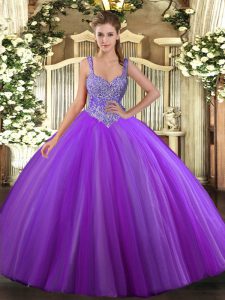 Purple Sleeveless Beading Floor Length 15th Birthday Dress