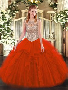 Hot Sale Floor Length Red Sweet 16 Dress Scoop Sleeveless Lace Up