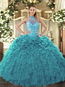 Nice Teal Ball Gowns Halter Top Sleeveless Organza Floor Length Lace Up Beading and Embroidery and Ruffles Quinceanera D