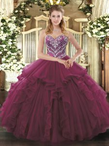 Sleeveless Floor Length Beading and Ruffles Lace Up Quinceanera Gowns with Burgundy
