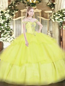 Sexy Floor Length Yellow Quince Ball Gowns Organza Sleeveless Beading and Ruffled Layers