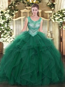 Ball Gowns Quince Ball Gowns Dark Green Scoop Tulle Sleeveless Floor Length Lace Up