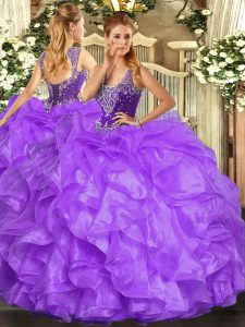 Straps Sleeveless Lace Up Ball Gown Prom Dress Lavender Organza