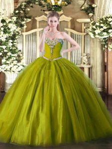 Olive Green Sleeveless Floor Length Beading Lace Up Quinceanera Gown