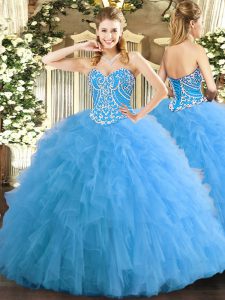 Edgy Aqua Blue Lace Up Quince Ball Gowns Beading and Ruffles Sleeveless Floor Length