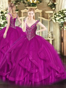 V-neck Sleeveless Tulle Quince Ball Gowns Beading and Ruffles Lace Up