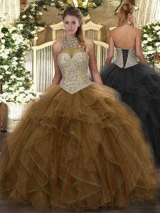 Custom Design Floor Length Lace Up Quince Ball Gowns Brown for Military Ball and Sweet 16 and Quinceanera with Beading a