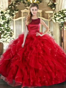 Red Lace Up Vestidos de Quinceanera Ruffles Sleeveless Floor Length