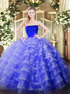 Strapless Sleeveless Quince Ball Gowns Floor Length Ruffled Layers Blue Tulle