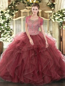 Floor Length Ball Gowns Sleeveless Burgundy Quince Ball Gowns Clasp Handle