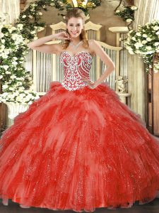 Coral Red Sleeveless Tulle Side Zipper Sweet 16 Quinceanera Dress for Military Ball and Sweet 16 and Quinceanera