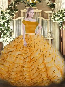 High Class Short Sleeves Tulle Brush Train Zipper Sweet 16 Dresses in Orange with Appliques and Ruffled Layers