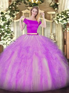 Comfortable Lilac Short Sleeves Floor Length Appliques and Ruffles Zipper Sweet 16 Dress