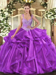 Admirable Straps Sleeveless Organza 15th Birthday Dress Beading and Ruffles Lace Up