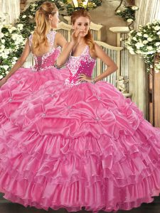 Clearance Organza Straps Sleeveless Lace Up Beading and Ruffled Layers and Pick Ups Quinceanera Gown in Rose Pink