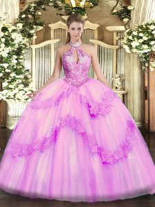Fancy Floor Length Lilac Quinceanera Gowns Halter Top Sleeveless Lace Up