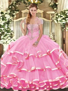 Rose Pink Lace Up Strapless Appliques and Ruffled Layers Quinceanera Dress Organza Sleeveless