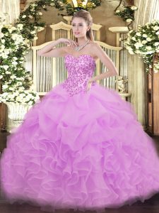 Low Price Lilac Sleeveless Organza Lace Up Quince Ball Gowns for Sweet 16 and Quinceanera