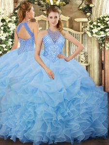 Aqua Blue Halter Top Lace Up Beading and Ruffles and Pick Ups Ball Gown Prom Dress Sleeveless