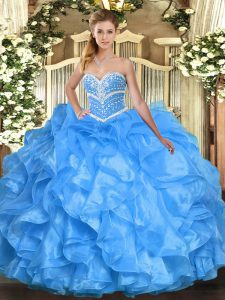 Trendy Baby Blue Sweetheart Lace Up Beading and Ruffles Quince Ball Gowns Sleeveless