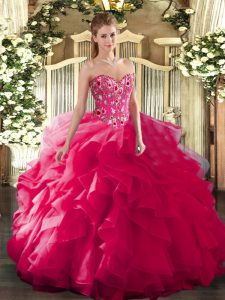 Fantastic Sweetheart Sleeveless Sweet 16 Dresses Floor Length Embroidery Hot Pink Organza and Printed