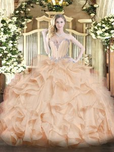 Glamorous Peach Sleeveless Organza Lace Up 15 Quinceanera Dress for Military Ball and Sweet 16 and Quinceanera