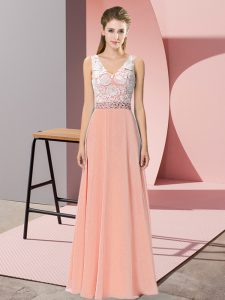 Peach Empire V-neck Sleeveless Chiffon and Lace Floor Length Backless Beading Prom Evening Gown