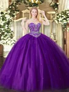 Sophisticated Purple Ball Gown Prom Dress Military Ball and Sweet 16 and Quinceanera with Beading Sweetheart Sleeveless 