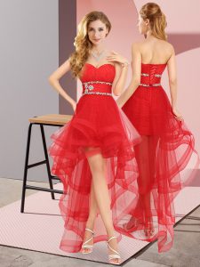 Delicate Sweetheart Sleeveless Lace Up Prom Dresses Red Tulle