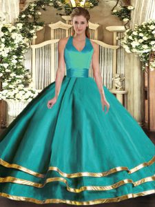 Luxury Turquoise Sleeveless Ruffled Layers Floor Length Quinceanera Gown