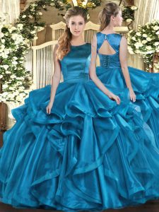 Teal Sleeveless Organza Lace Up Ball Gown Prom Dress for Military Ball and Sweet 16 and Quinceanera