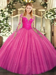Hot Pink Long Sleeves Lace Floor Length Sweet 16 Dresses