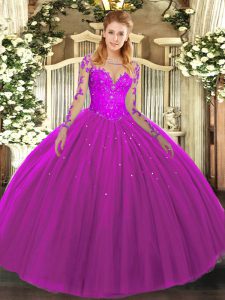 Fuchsia Scoop Neckline Lace Ball Gown Prom Dress Long Sleeves Lace Up