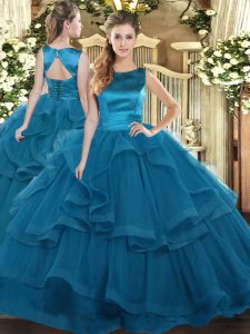Teal Scoop Lace Up Ruffles Quinceanera Gown Sleeveless