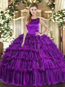 Eggplant Purple Lace Up Scoop Ruffled Layers Ball Gown Prom Dress Organza Sleeveless