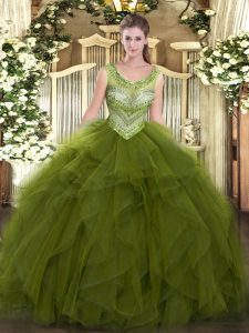 Olive Green Ball Gowns Tulle Scoop Sleeveless Beading and Ruffles Floor Length Lace Up Sweet 16 Dresses