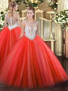 Coral Red Vestidos de Quinceanera Military Ball and Sweet 16 and Quinceanera with Beading Scoop Sleeveless Zipper