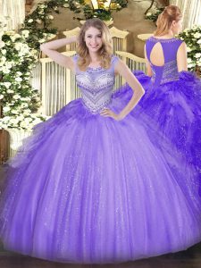 Lavender Ball Gowns Scoop Sleeveless Tulle Floor Length Lace Up Beading Sweet 16 Dresses
