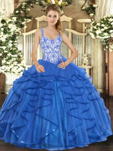 Blue Sleeveless Beading and Appliques and Ruffles Floor Length Quinceanera Dress