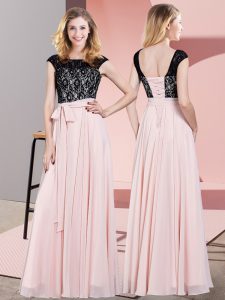 High Quality Baby Pink Scoop Lace Up Lace and Belt Prom Evening Gown Sleeveless