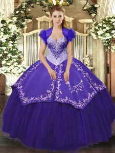 Purple Ball Gowns Beading and Embroidery Sweet 16 Dresses Lace Up Satin and Tulle Sleeveless Floor Length