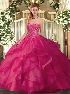 Extravagant Hot Pink Quinceanera Gown Military Ball and Sweet 16 and Quinceanera with Beading and Ruffles Sweetheart Sle