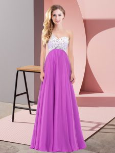 Fuchsia Sleeveless Floor Length Beading Lace Up Prom Party Dress