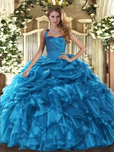 Free and Easy Sleeveless Floor Length Ruffles and Pick Ups Lace Up Quinceanera Gown with Baby Blue