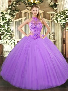 Colorful Sleeveless Floor Length Beading and Embroidery Lace Up 15th Birthday Dress with Lavender