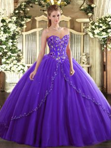 Purple Ball Gowns Tulle Sweetheart Sleeveless Appliques and Embroidery Lace Up Quinceanera Gown Brush Train